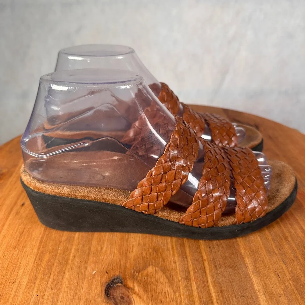 Rockport Woven Leather Wedge Sandals Womens 7.5M Brown Good W9841 Slides